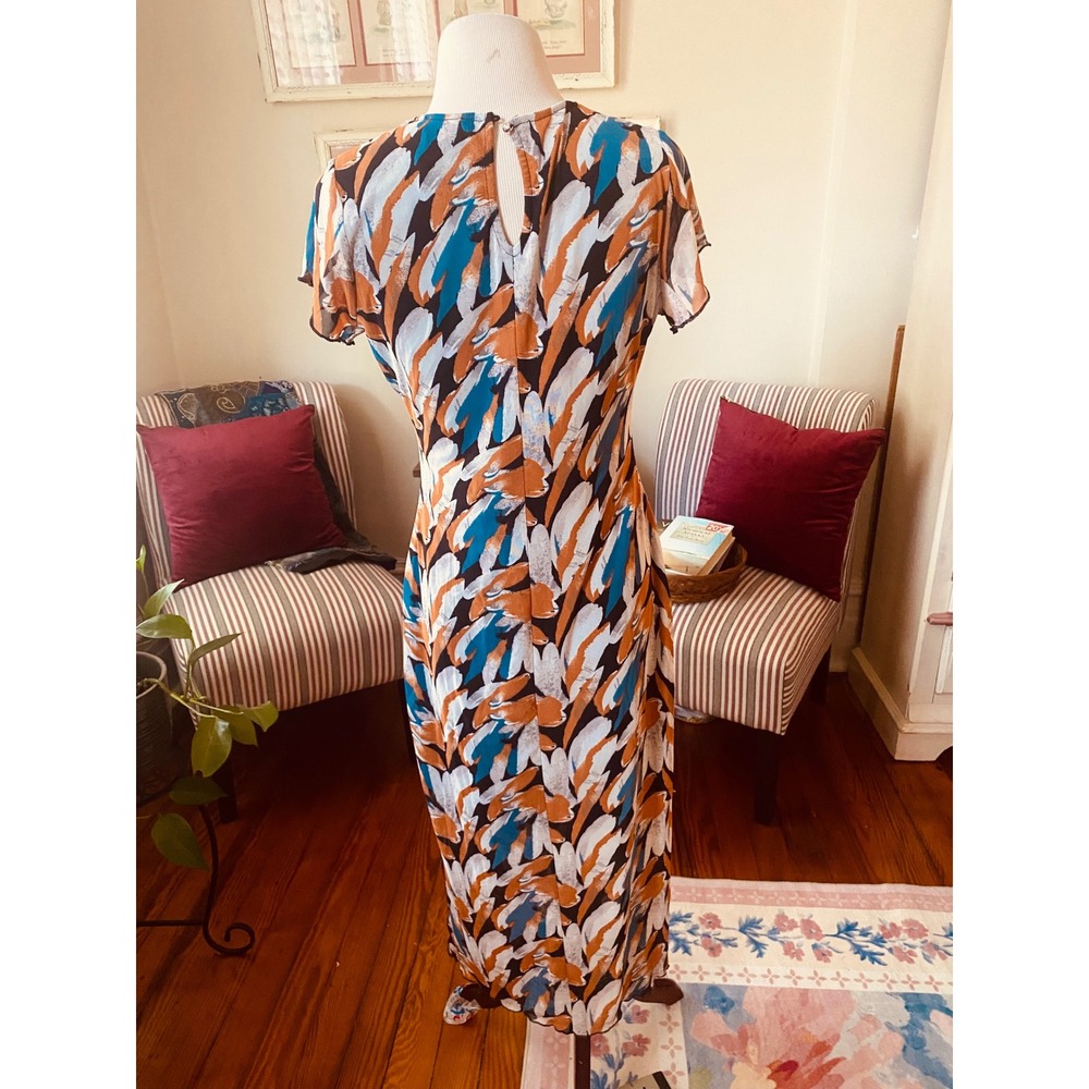 Ember dress med Brushstroke Flutter Sleeve Midi Rust Teal Blue Slit Mesh Overlay - Picture 6 of 7